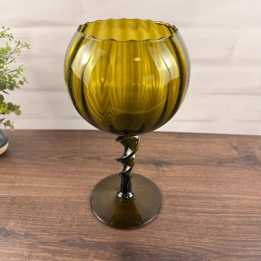 Empoli Italy Olive Green Art Glass Goblet Vase Twisted Stem MCM